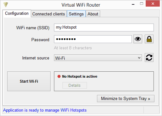 Enter a name and a password, choose a connection or option for sharing Internet Access and press start Wi-Fi.