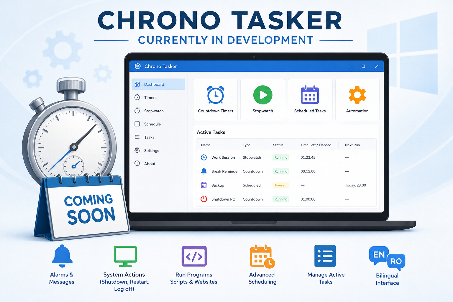 Chrono Tasker interface showing automated tasks and stopwatch features