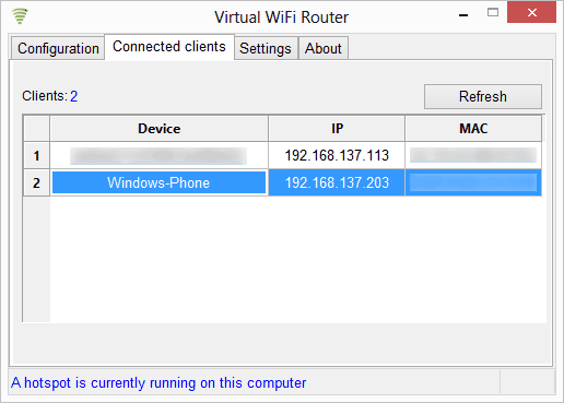 What devices(laptops, computers, smartphones, tablets) are connected to the hotspot which was created by the virtual router