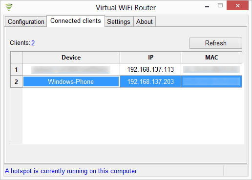 'Connected clients' tab will show all the devices that are currently connected to the activated hotspot.