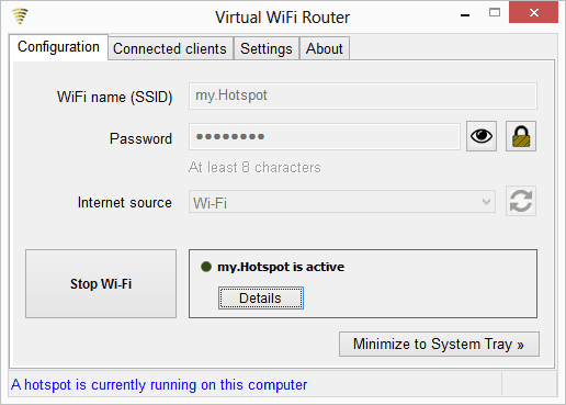 If a hotspot is running, the Stop and Details button will be activated.