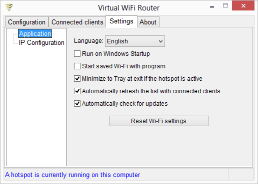 In the 'Settings' tab you can change how the Virtual WiFi Router is shown or it's functioning.
